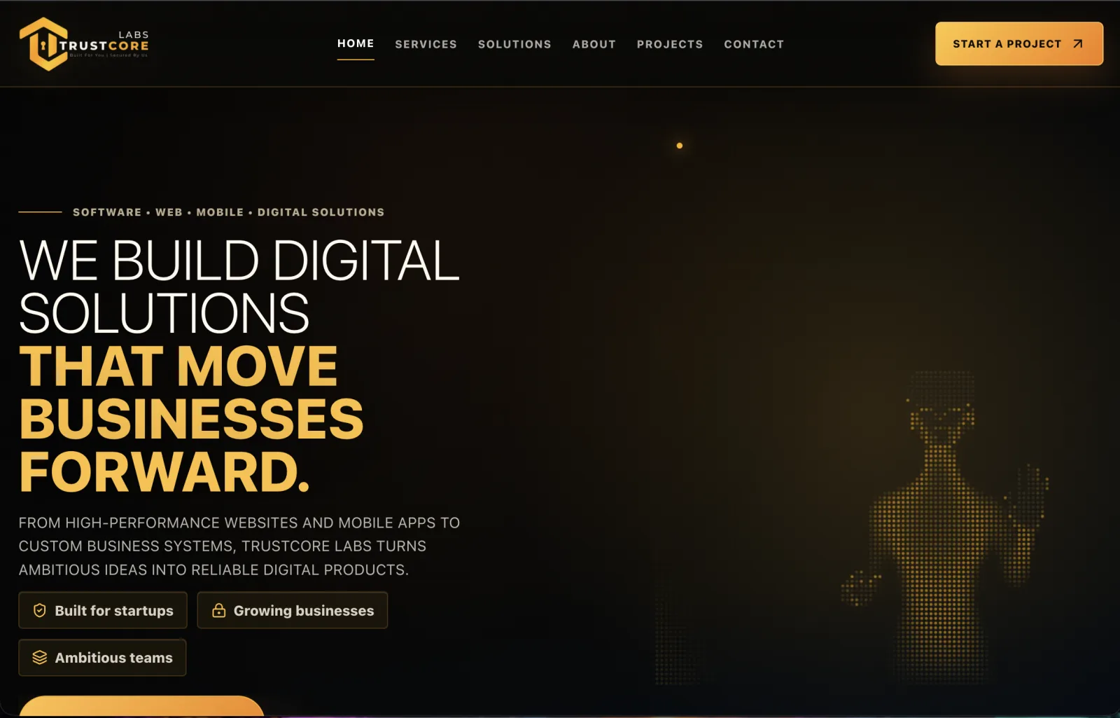 TrustCore Labs website homepage with black and gold interface and animated human figure